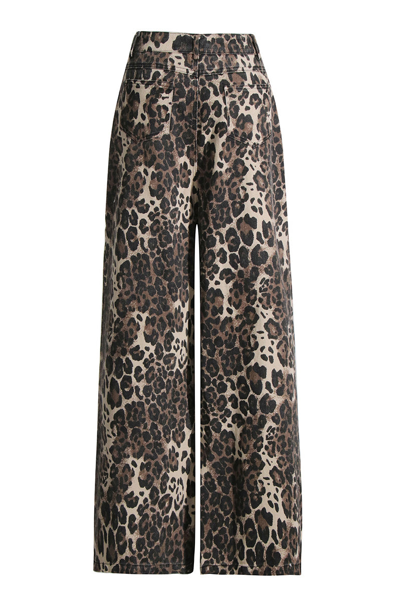 Distressed Leopard Print Wide-Leg Pants