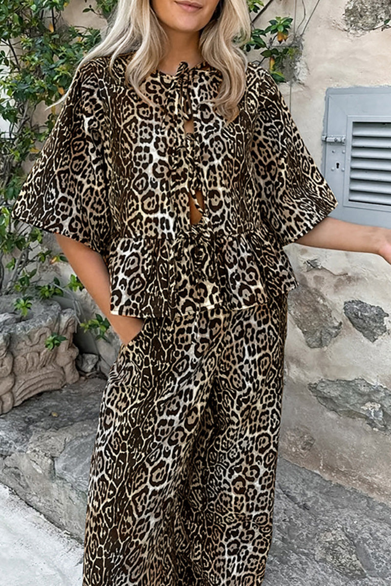 Leopard Print Tie Front Top and Pants Set