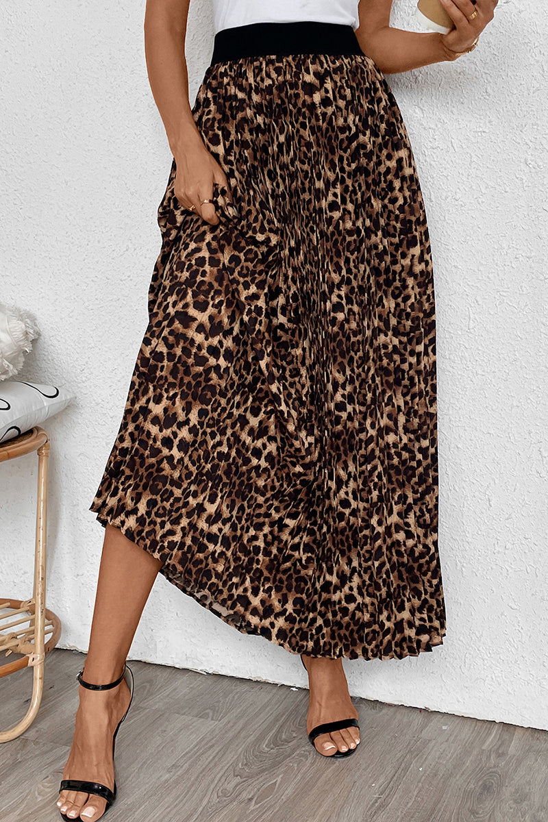 Pleated A-Line Skirt with Leopard Print