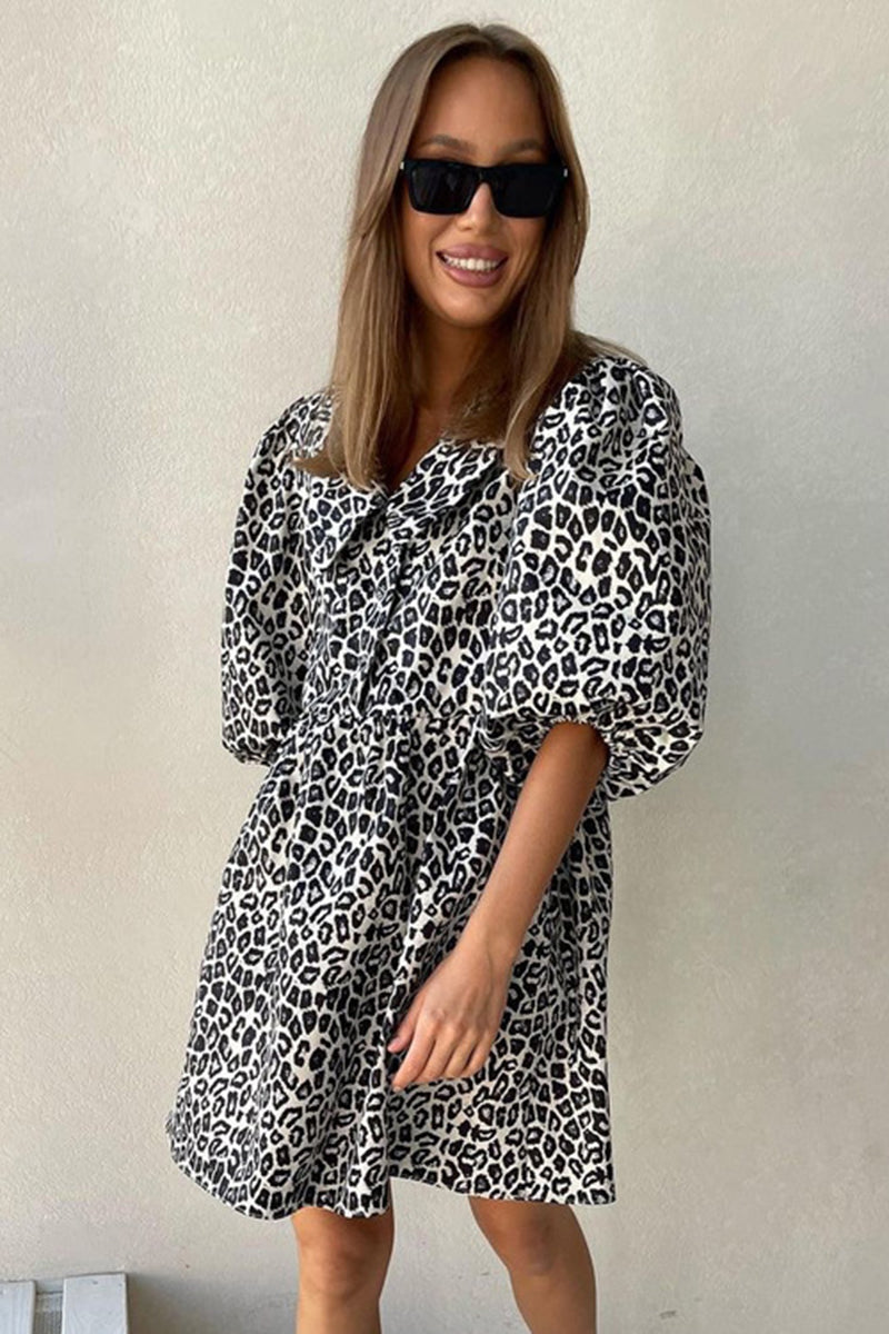 Puff Sleeve Leopard Print Belted Mini Dress