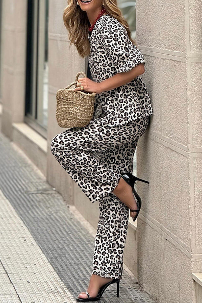 Leopard Print Short Sleeve Top and Pants Set