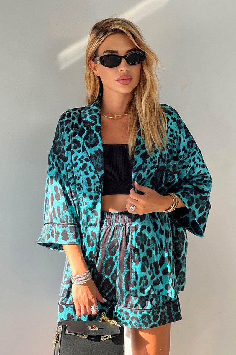 Leopard Print Kimono Shirt and Shorts Set