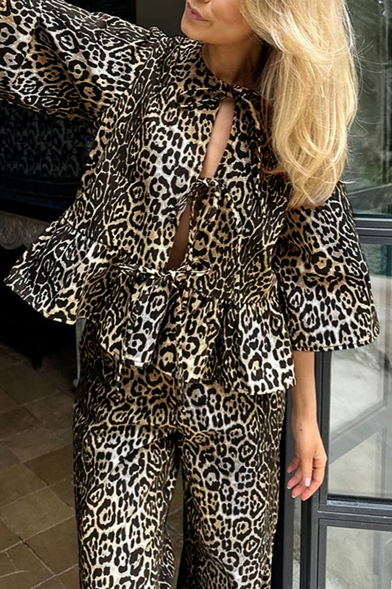 Leopard Print Tie Front Top and Pants Set