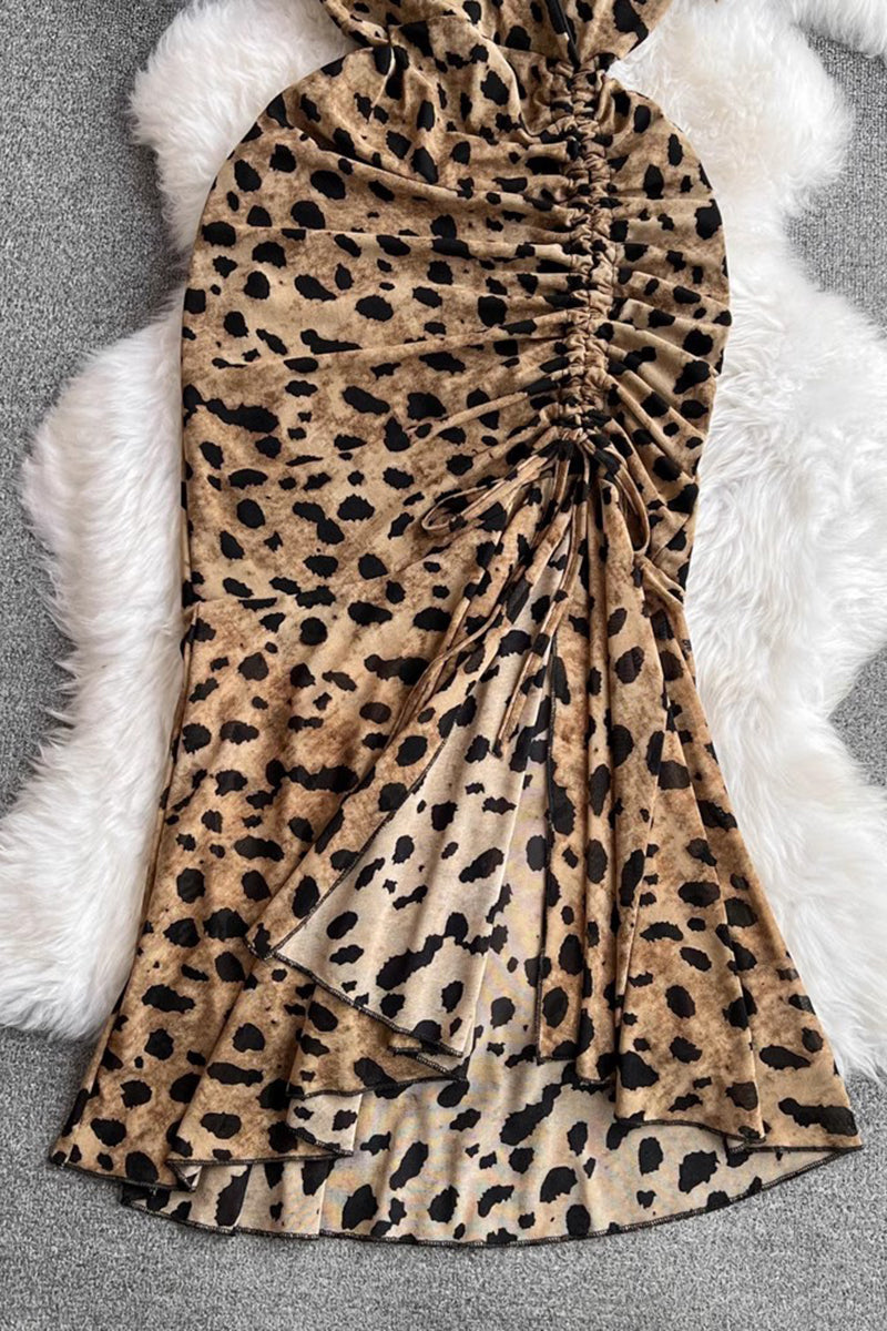 V-Neck Split-Hem Leopard Dress