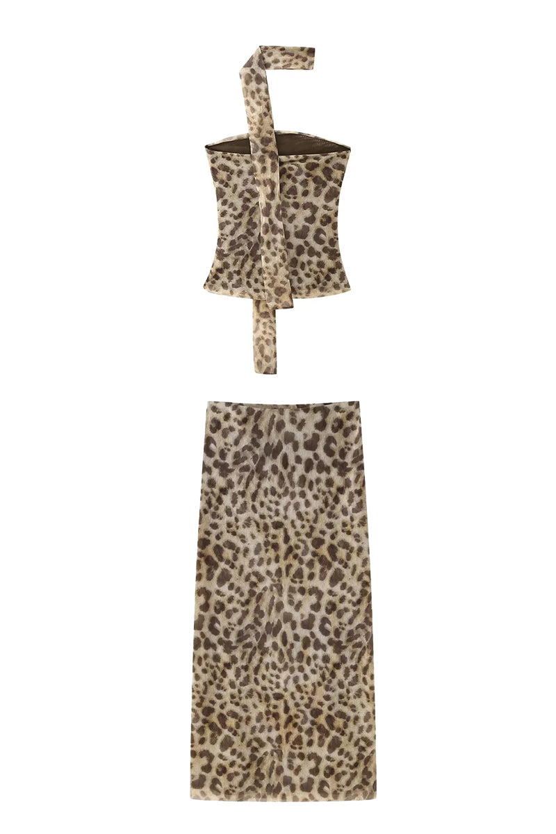 Leopard Print Tube Top and Skirt Set