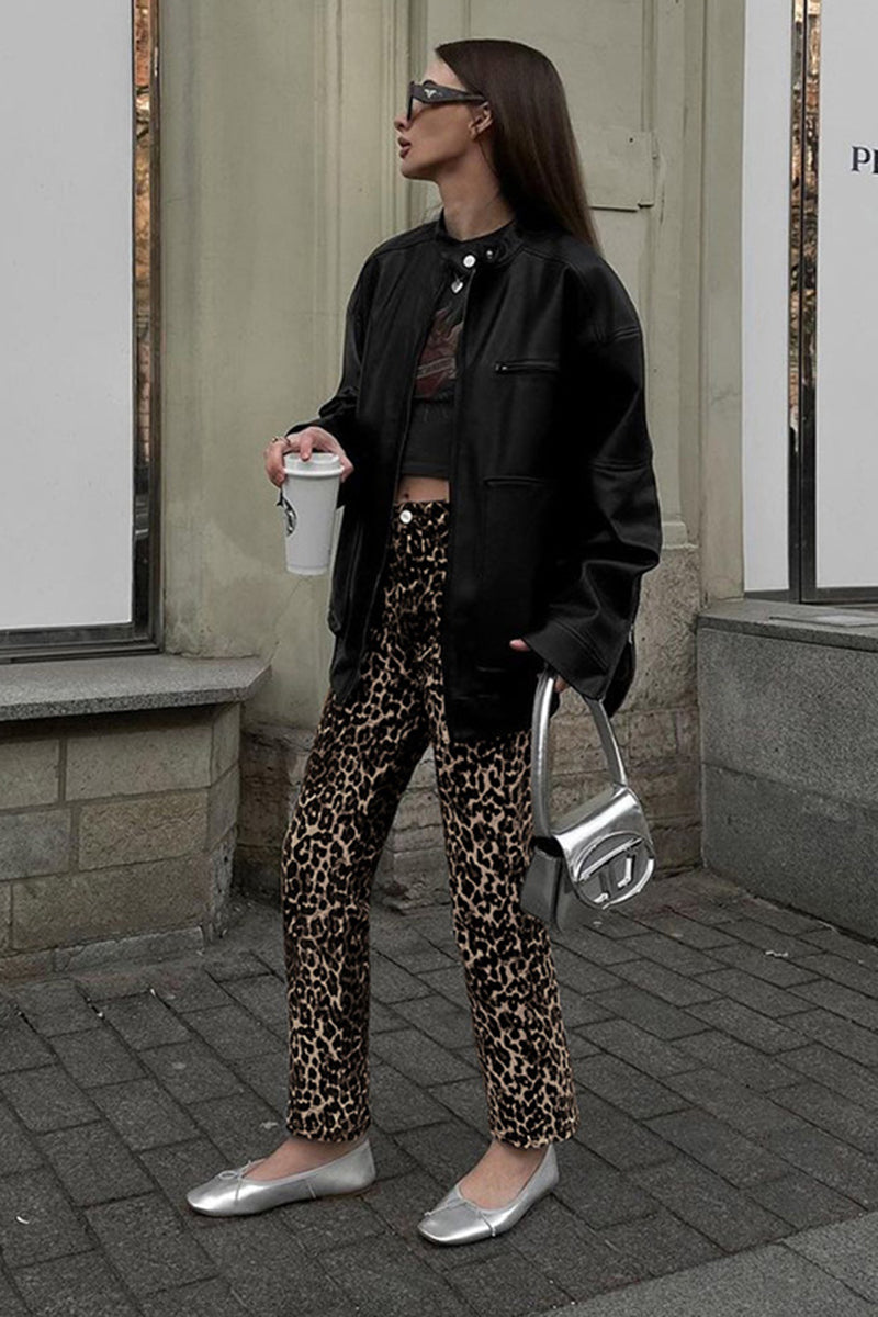 Leopard Print Straight-Leg Pants