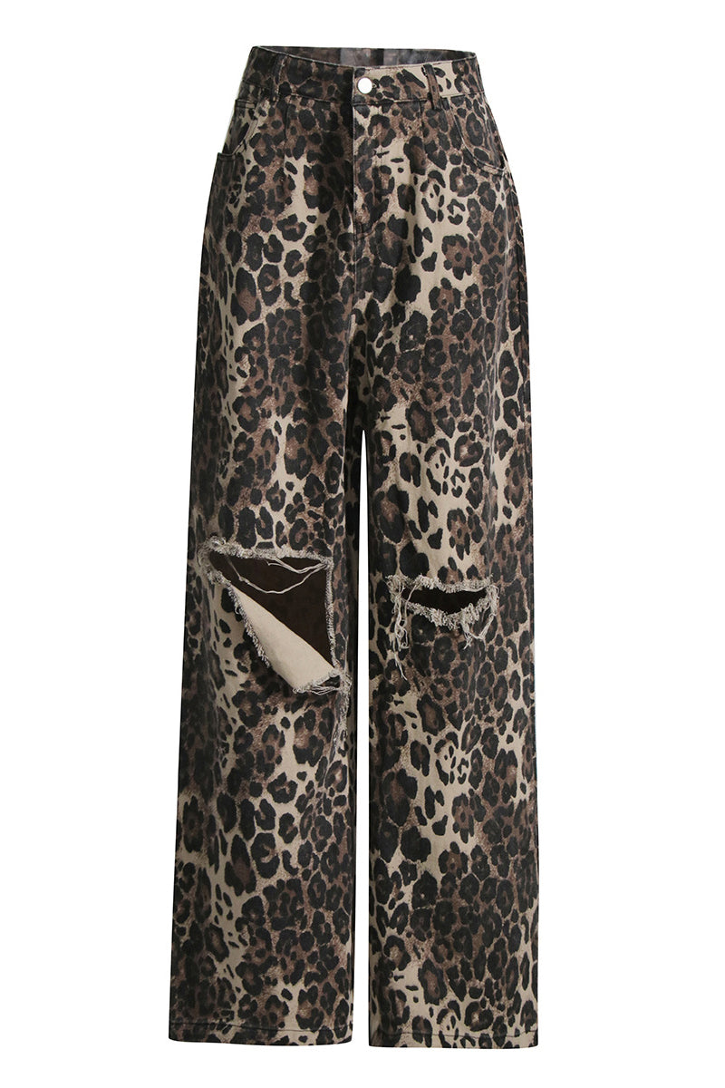 Distressed Leopard Print Wide-Leg Pants