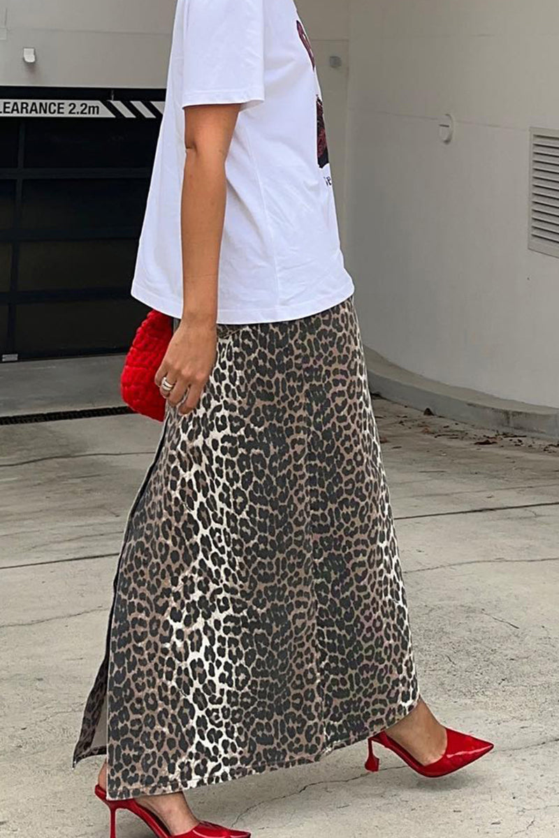 Split-Hem Leopard Print Maxi Skirt