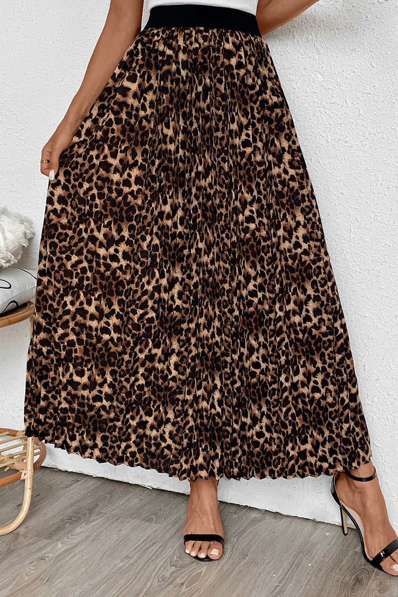 Pleated A-Line Skirt with Leopard Print