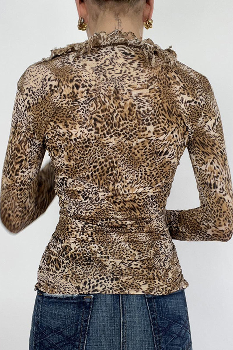 Ruched Leopard Print Long Sleeve Top