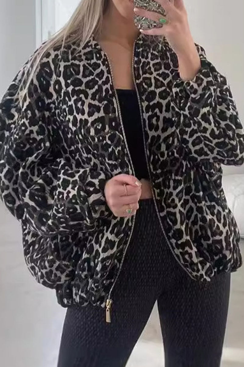 Leopard Print Zip-Up Bomber Jacket