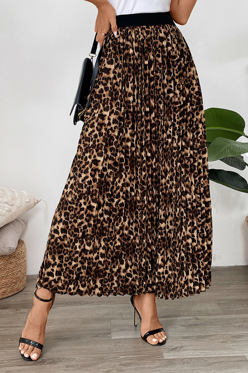 Pleated A-Line Skirt with Leopard Print