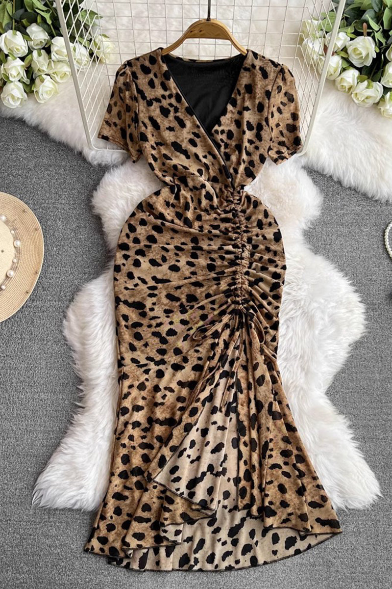 V-Neck Split-Hem Leopard Dress