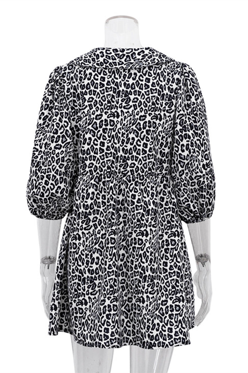 Puff Sleeve Leopard Print Belted Mini Dress