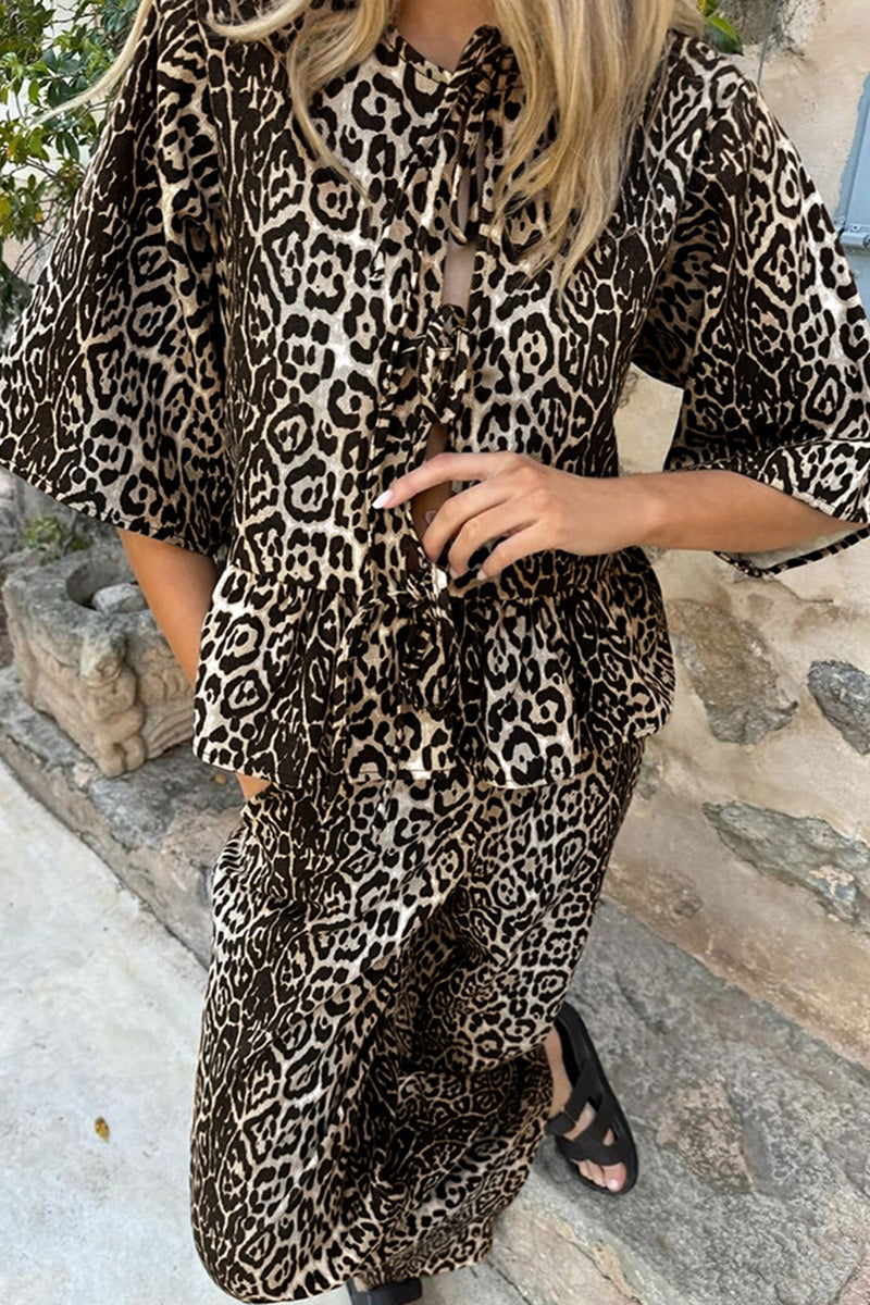 Leopard Print Tie Front Top and Pants Set