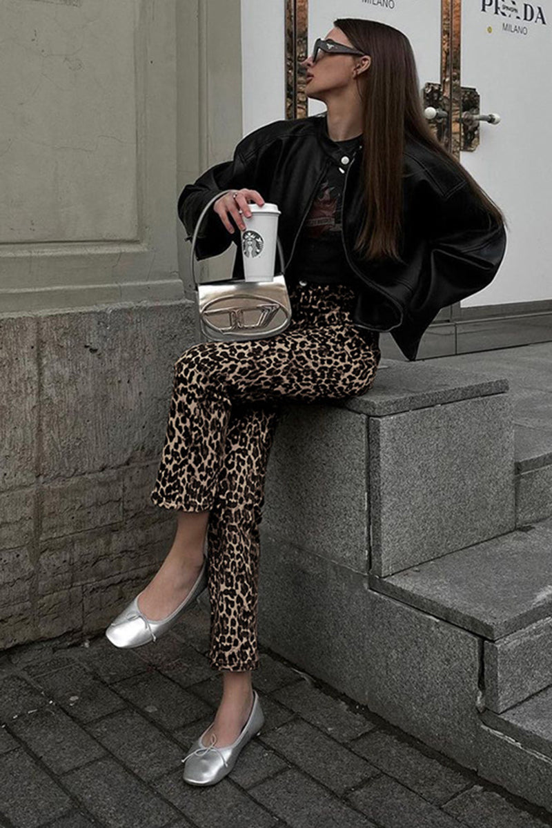 Leopard Print Straight-Leg Pants