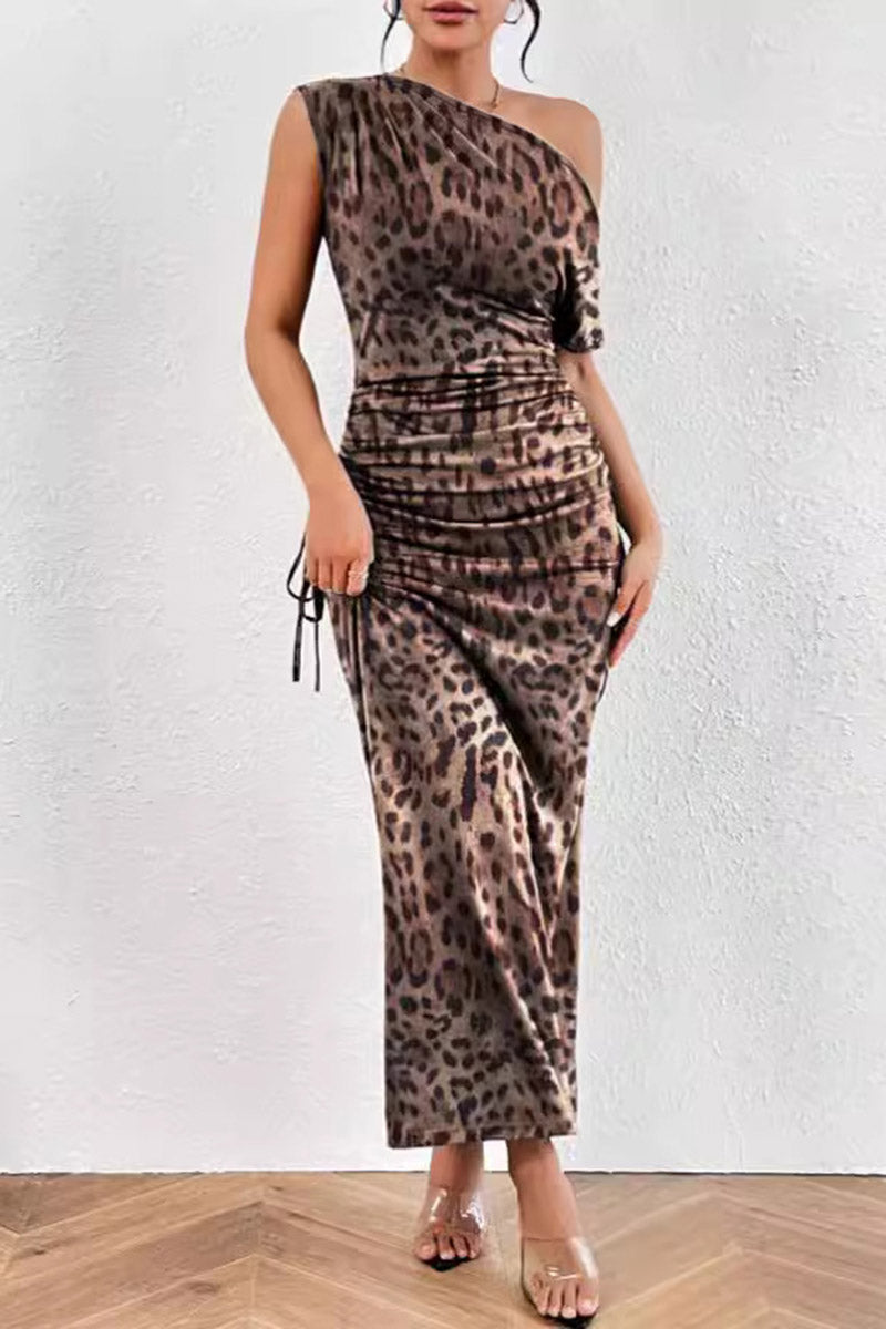 One-Shoulder Leopard Maxi Dress