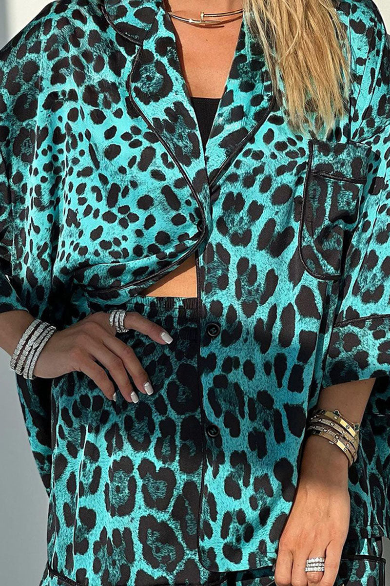 Leopard Print Kimono Shirt and Shorts Set