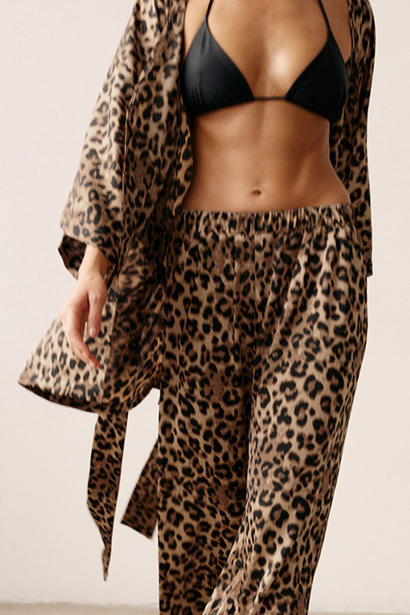 Leopard Print Wide Sleeves Top and Pants Set