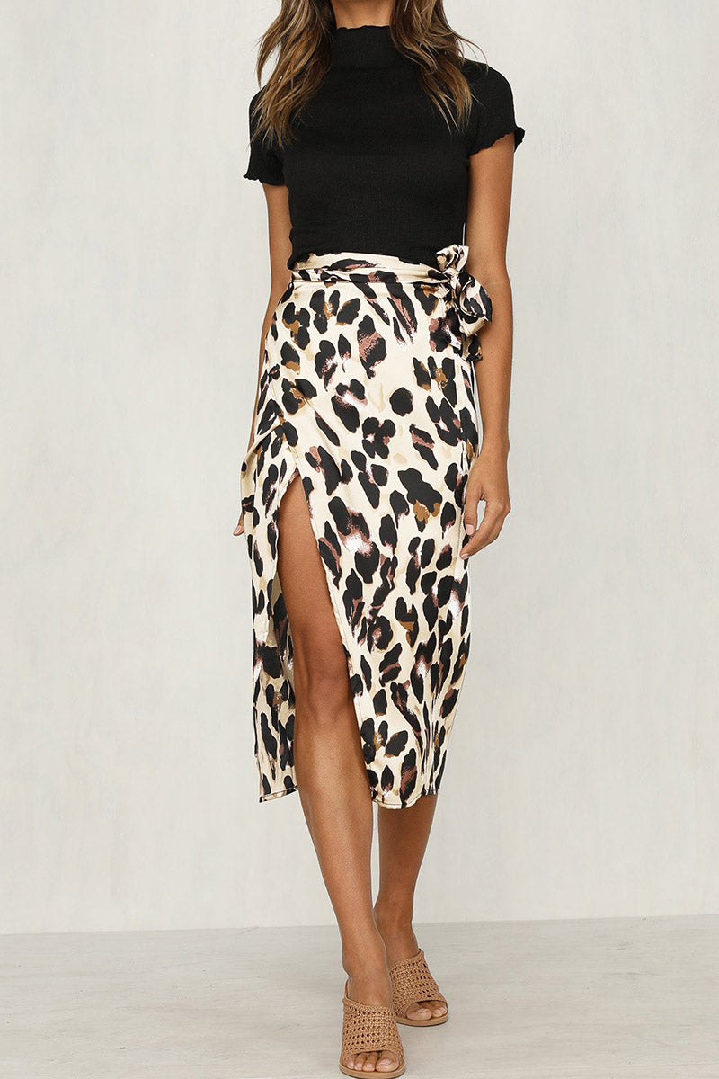 Leopard Wrap Slip Midi Skirt