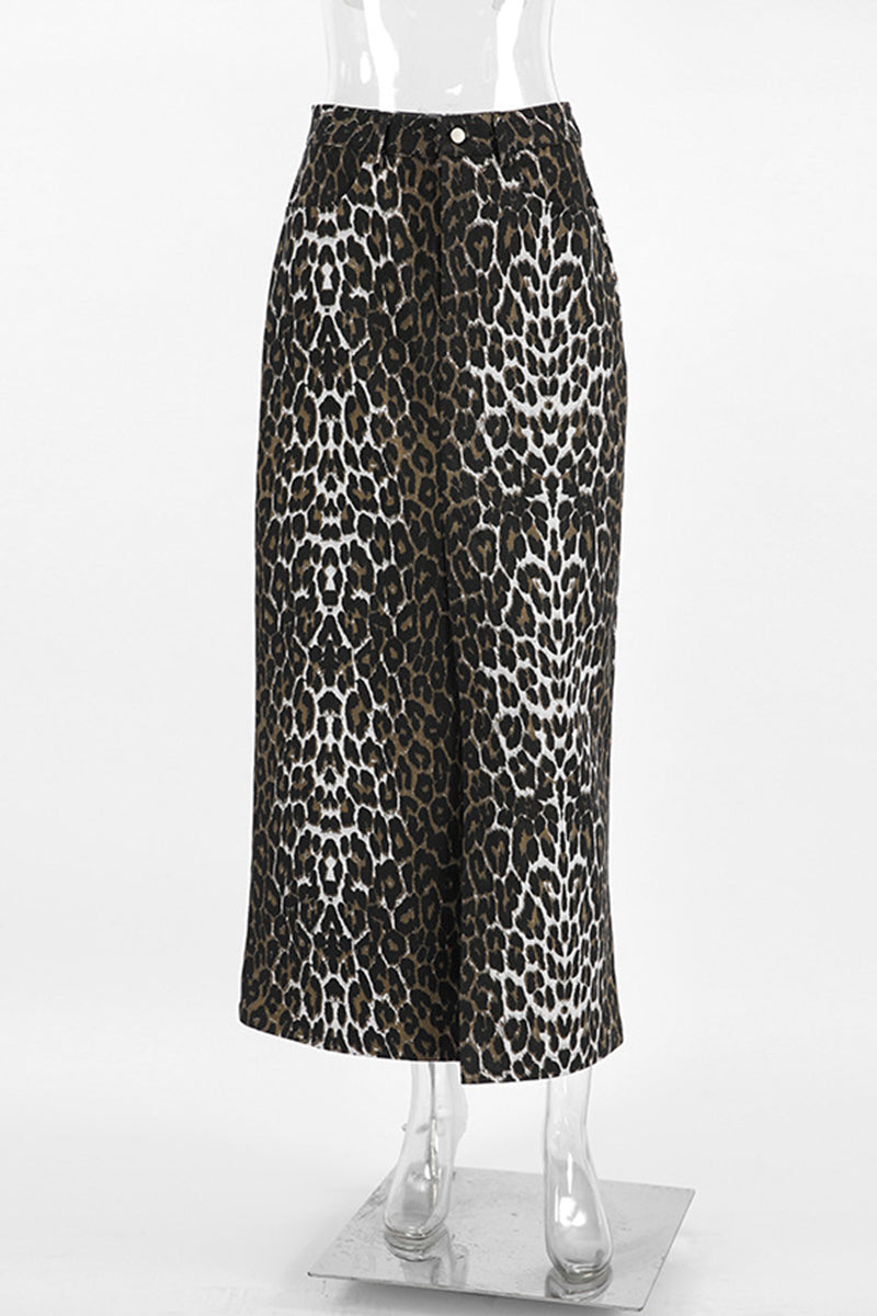 Split-Hem Leopard Print Maxi Skirt