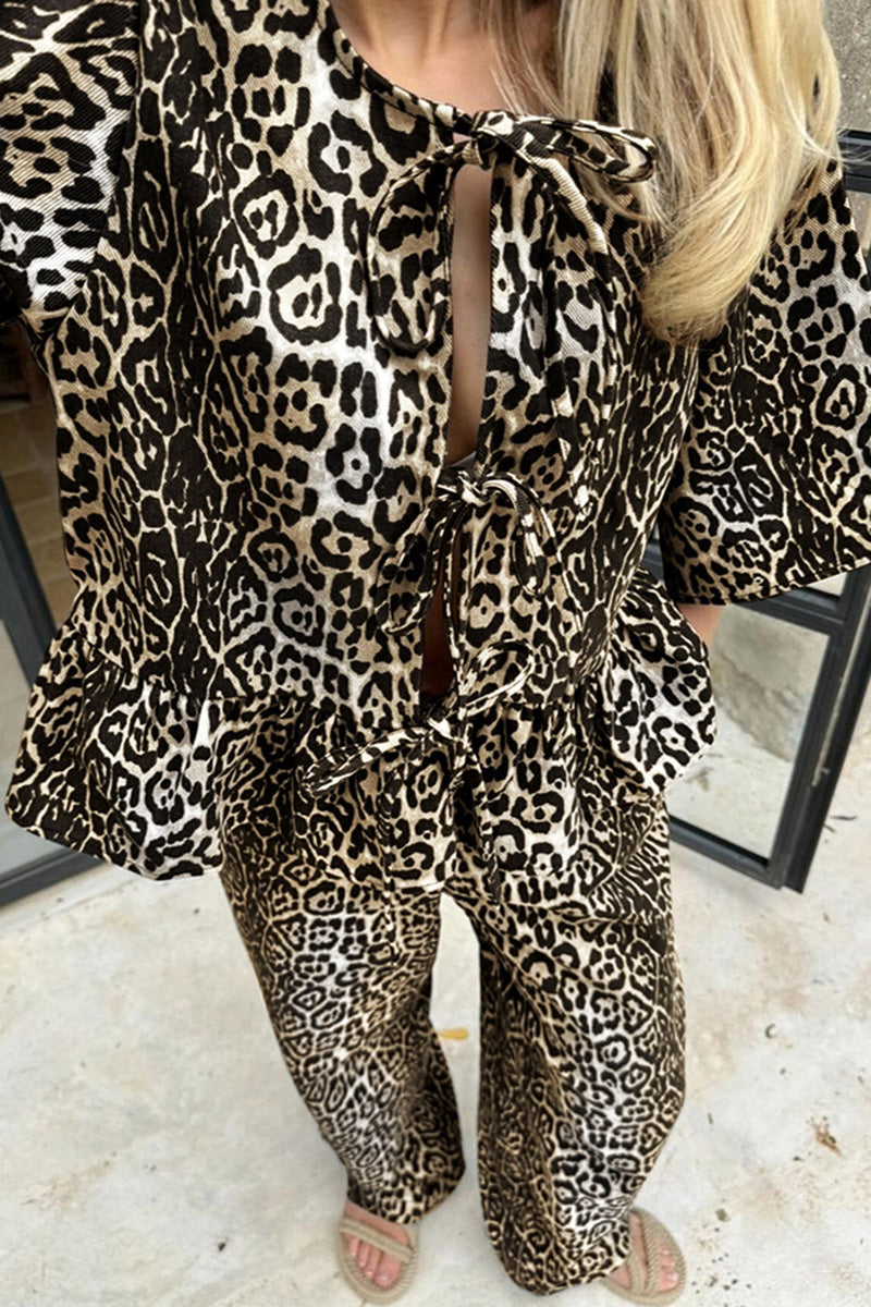 Leopard Print Tie Front Top and Pants Set