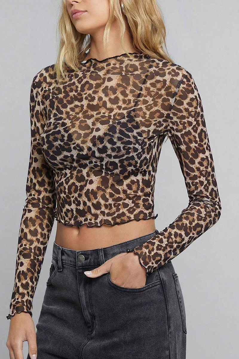 Leopard Print Long Sleeve Crop Top