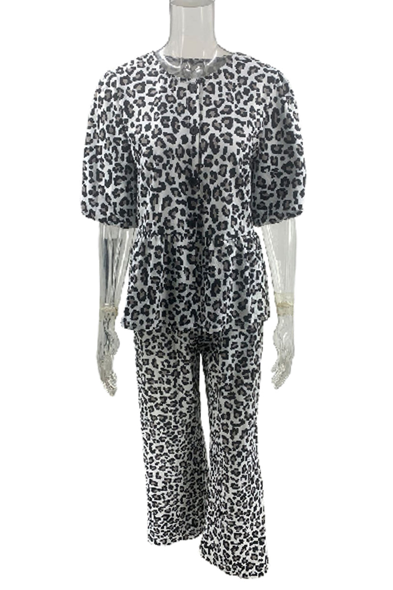 Leopard Print Short Sleeve Top and Pants Set