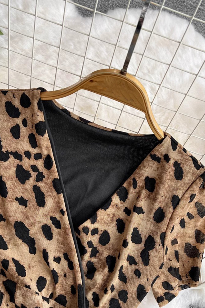 V-Neck Split-Hem Leopard Dress