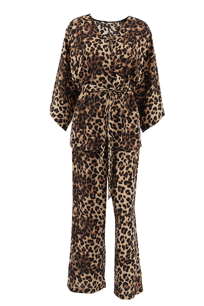 Leopard Print Wide Sleeves Top and Pants Set