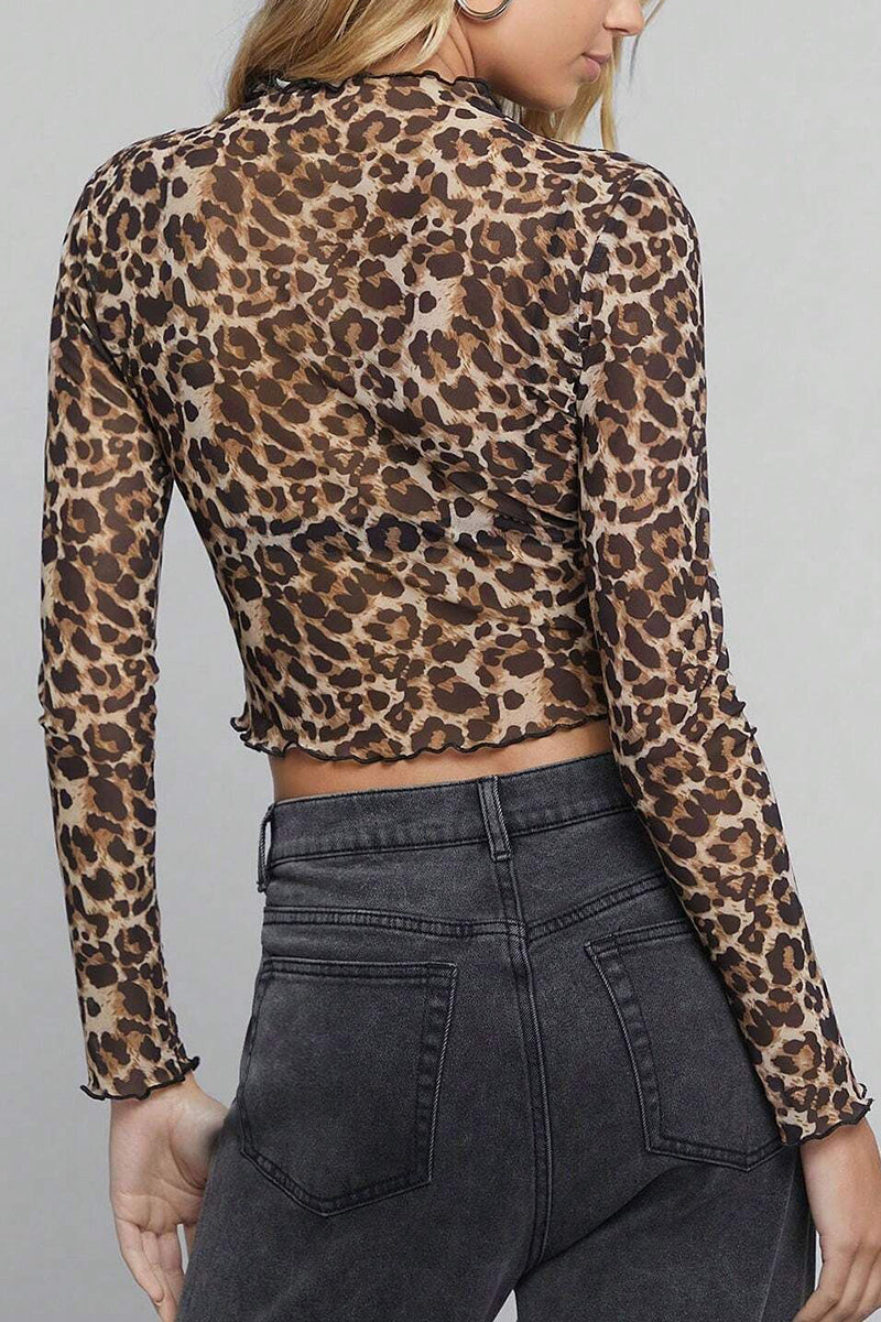 Leopard Print Long Sleeve Crop Top