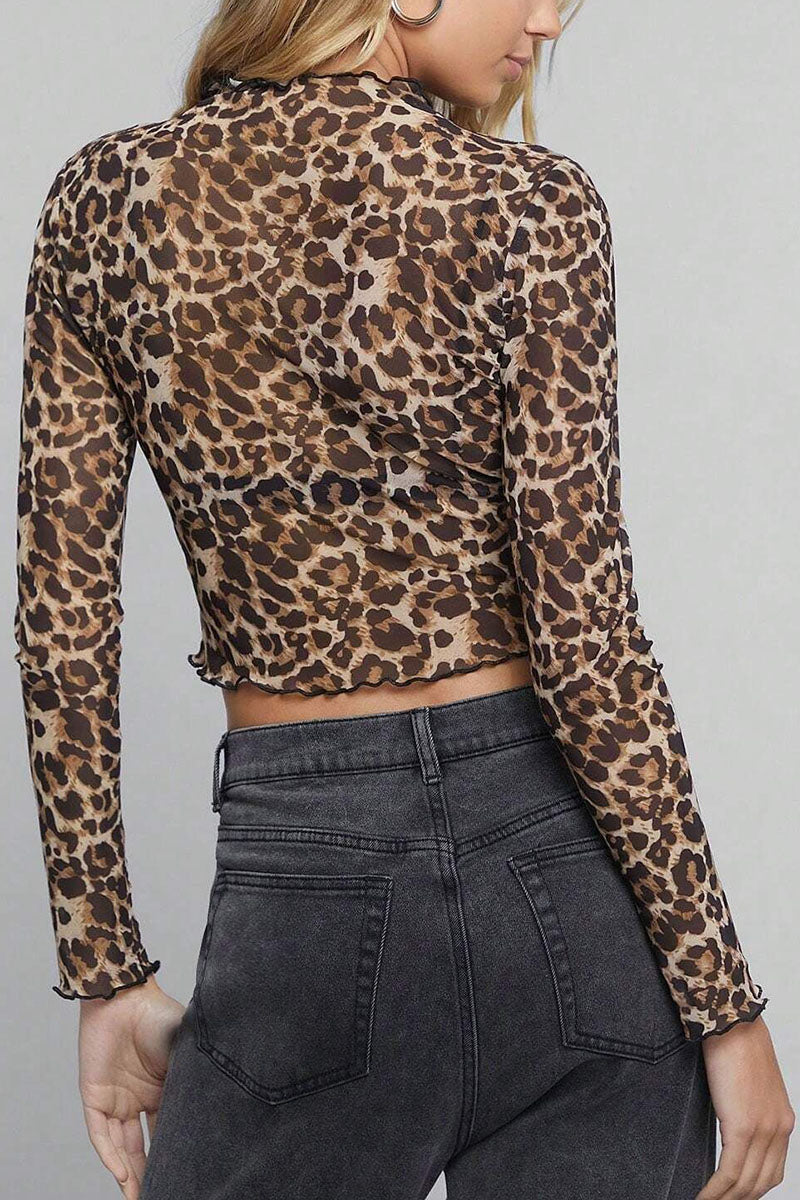 Long Sleeve Leopard Mesh Crop Top