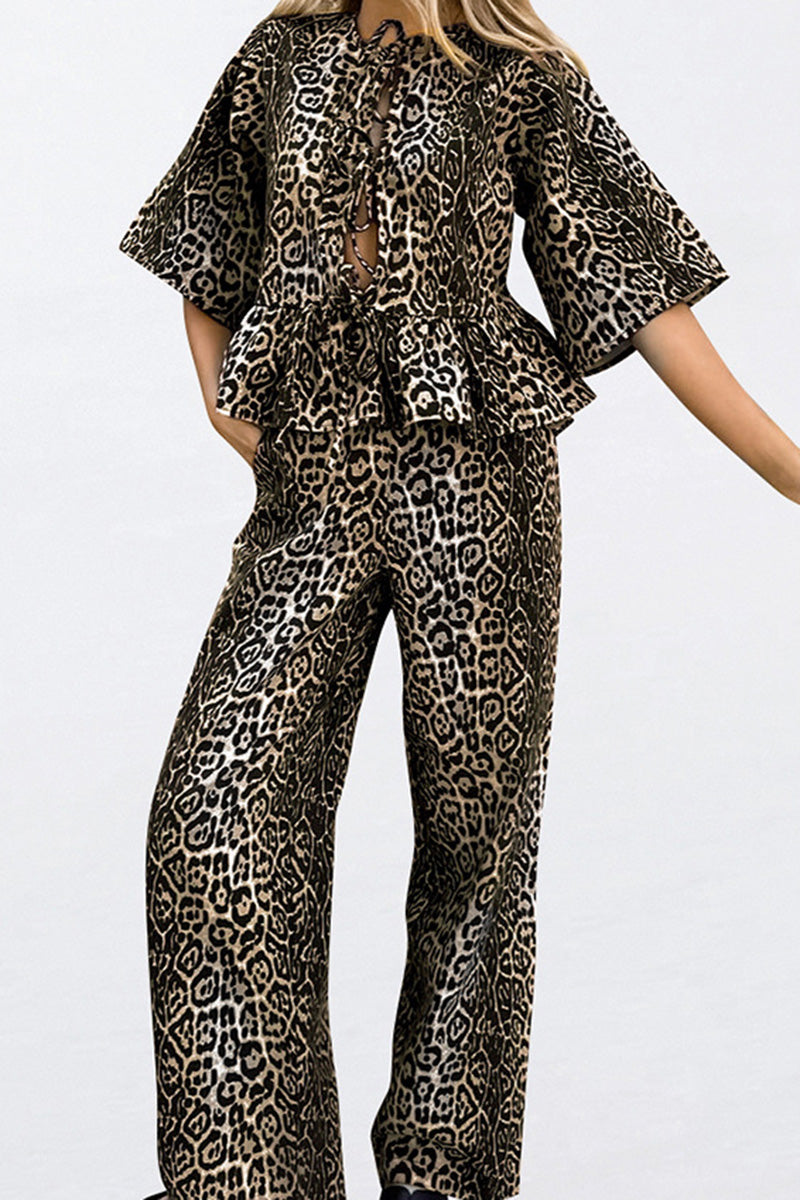 Leopard Print Tie Front Top and Pants Set