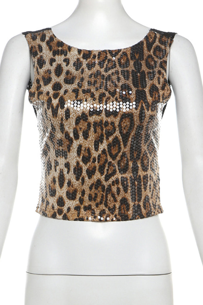 Leopard Print Backless Sleeveless Top