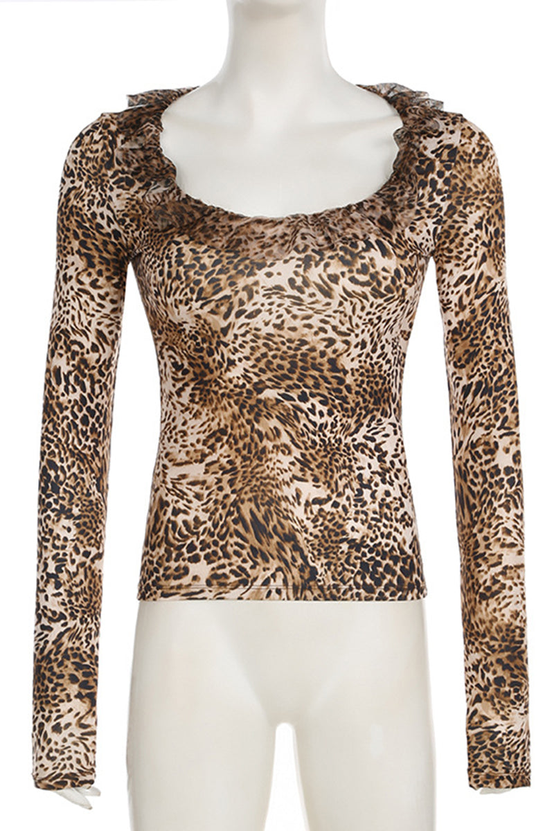 Ruched Leopard Print Long Sleeve Top