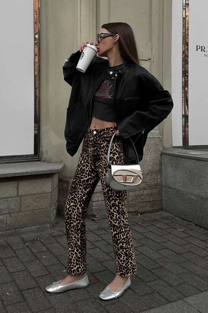 Leopard Print Straight-Leg Pants