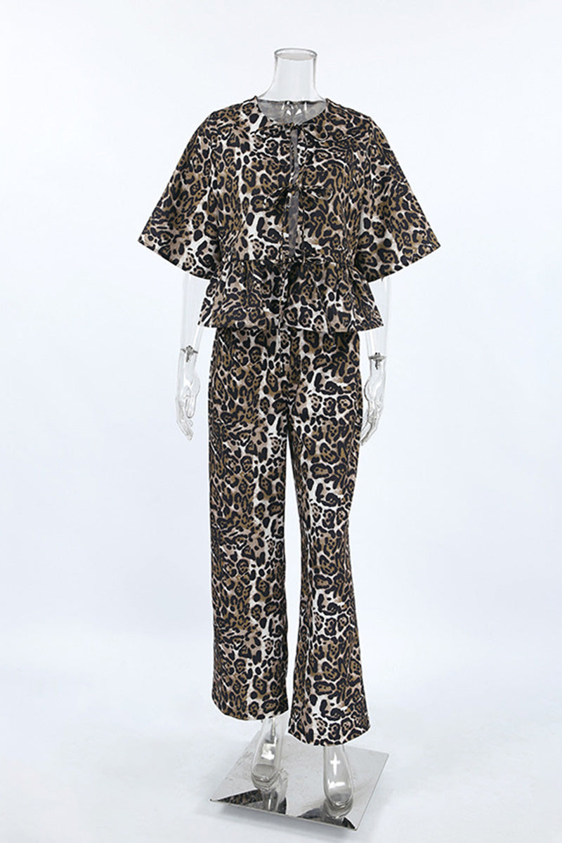 Leopard Print Tie Front Top and Pants Set