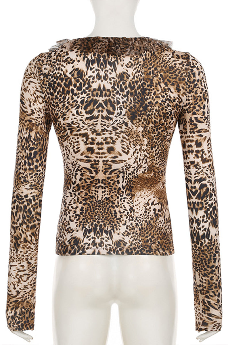 Ruched Leopard Print Long Sleeve Top