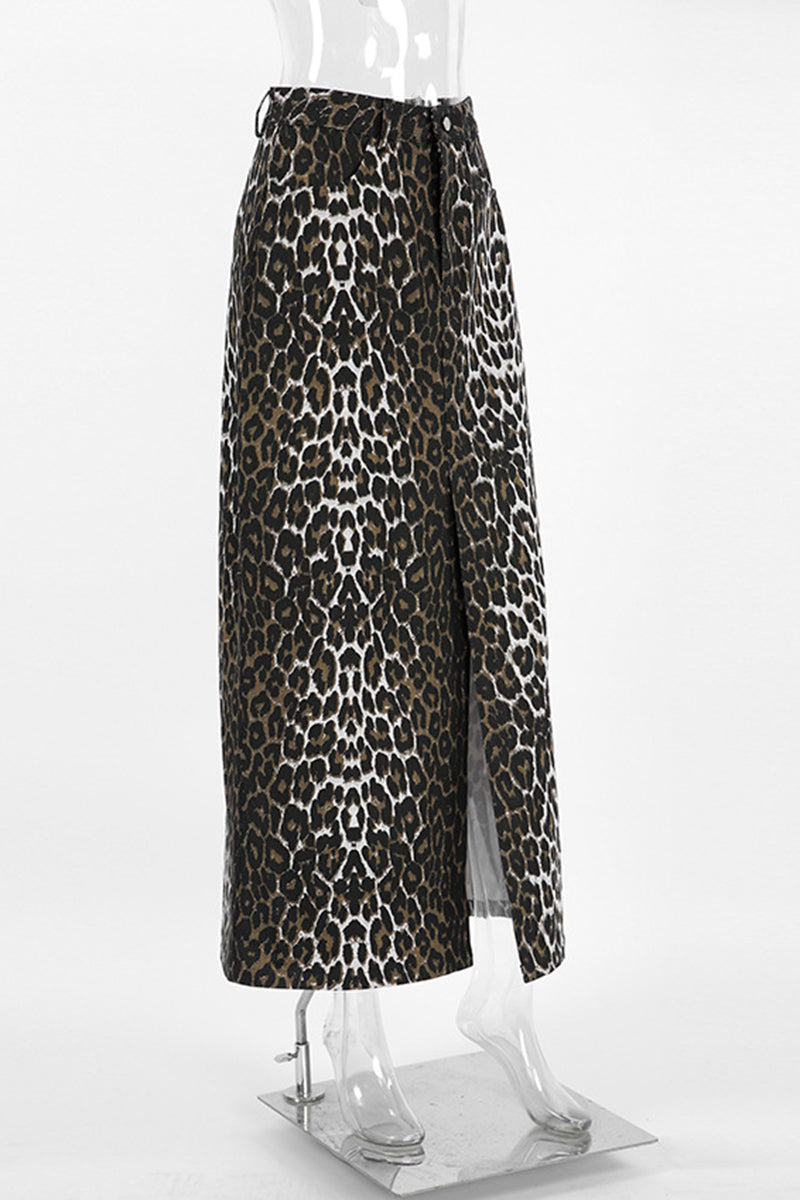 Split-Hem Leopard Print Maxi Skirt