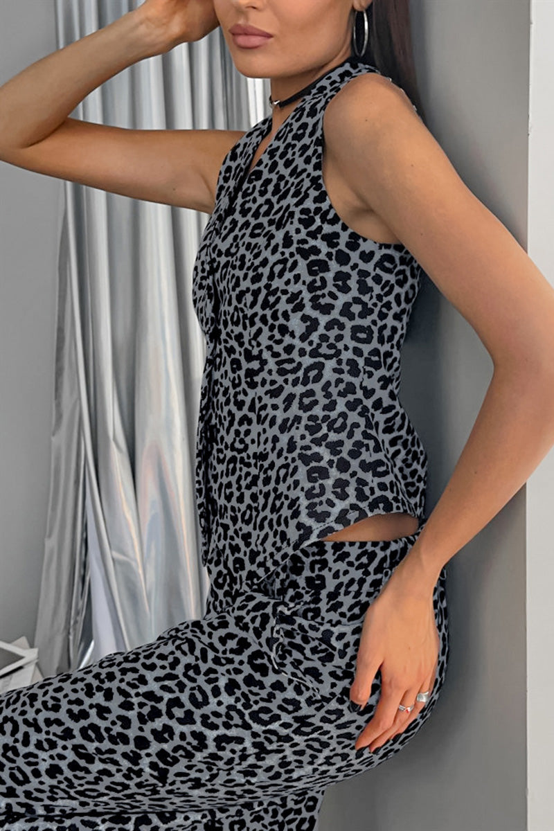 Sleeveless Leopard Print Vest and Pants Set