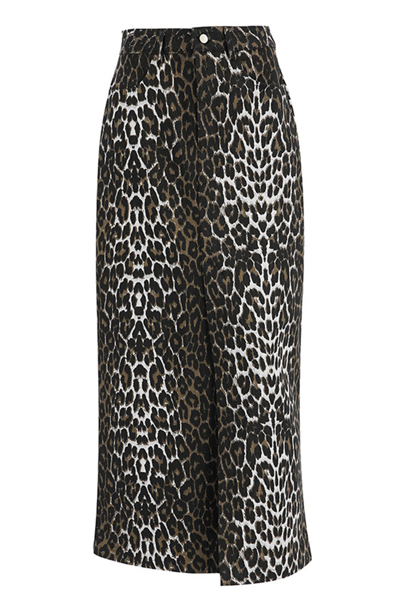 Split-Hem Leopard Print Maxi Skirt