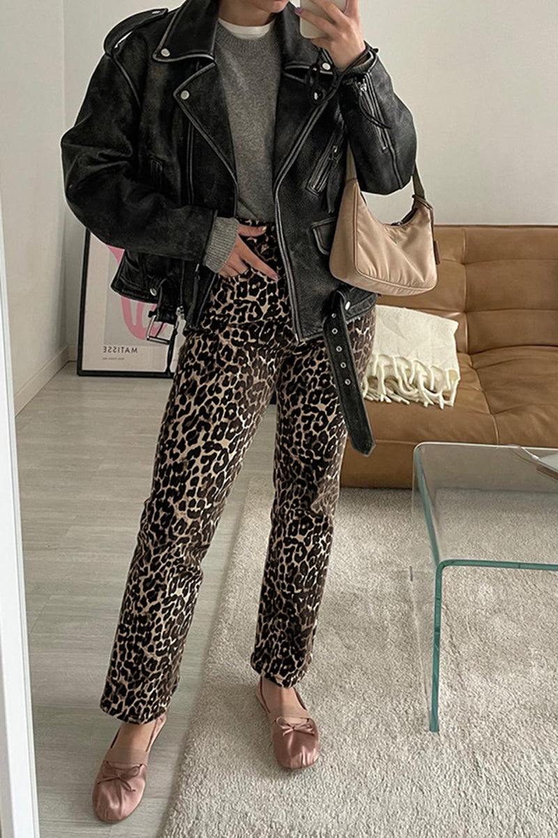 Leopard Print Straight-Leg Pants