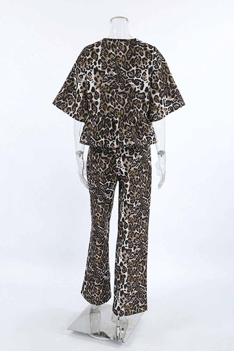 Leopard Print Tie Front Top and Pants Set