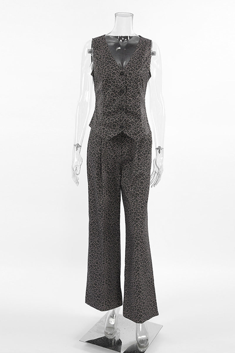 Sleeveless Leopard Print Vest and Pants Set