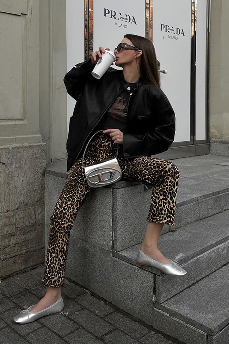 Leopard Print Straight-Leg Pants