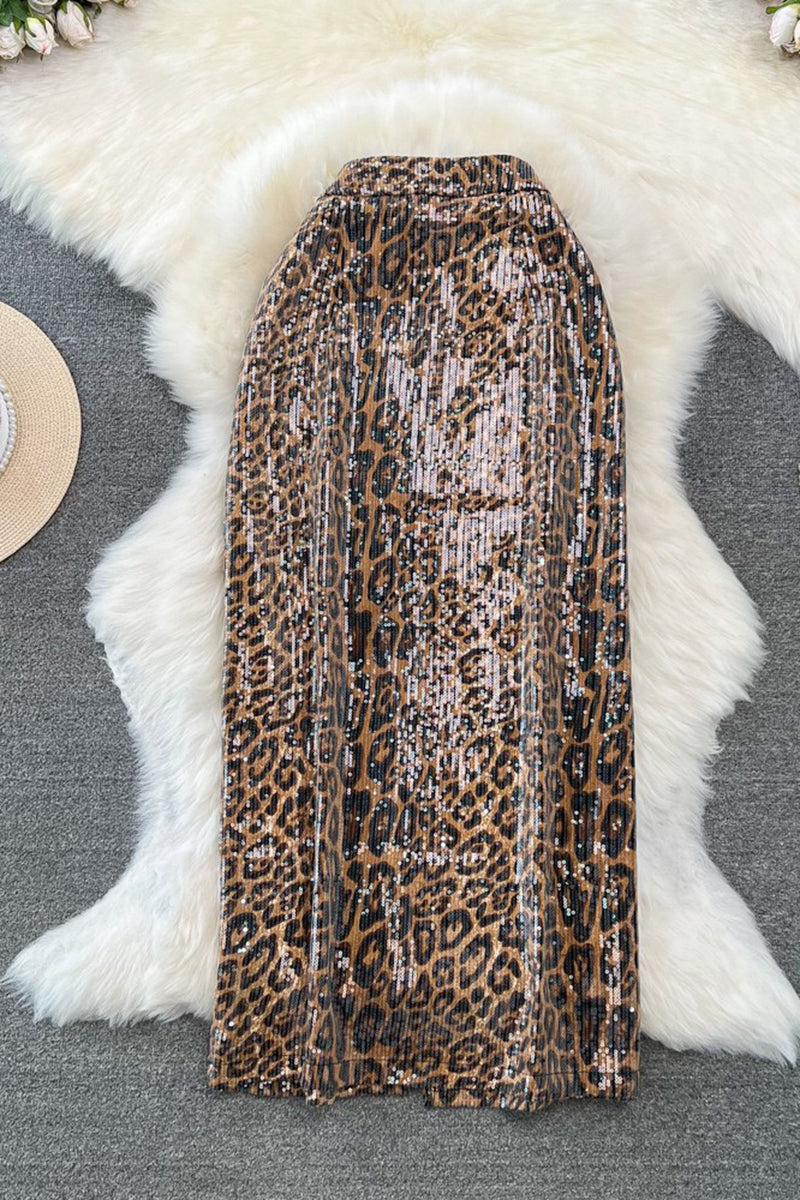 Animal Pattern Sequin Sheath Skirt