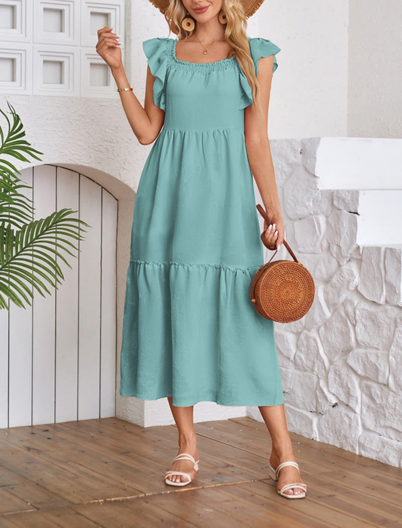 Ruffled-Sleeve Square Neck Midi Dress