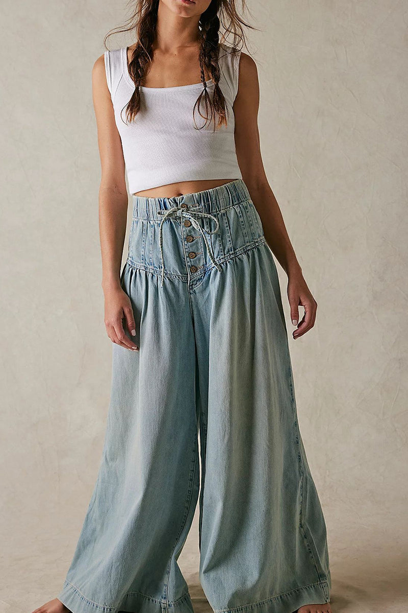 Wide-Leg Button Detail Denim Pants