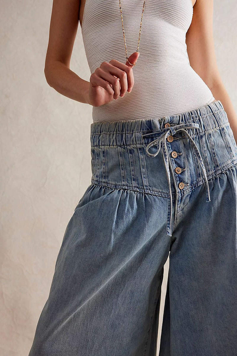 Wide-Leg Button Detail Denim Pants