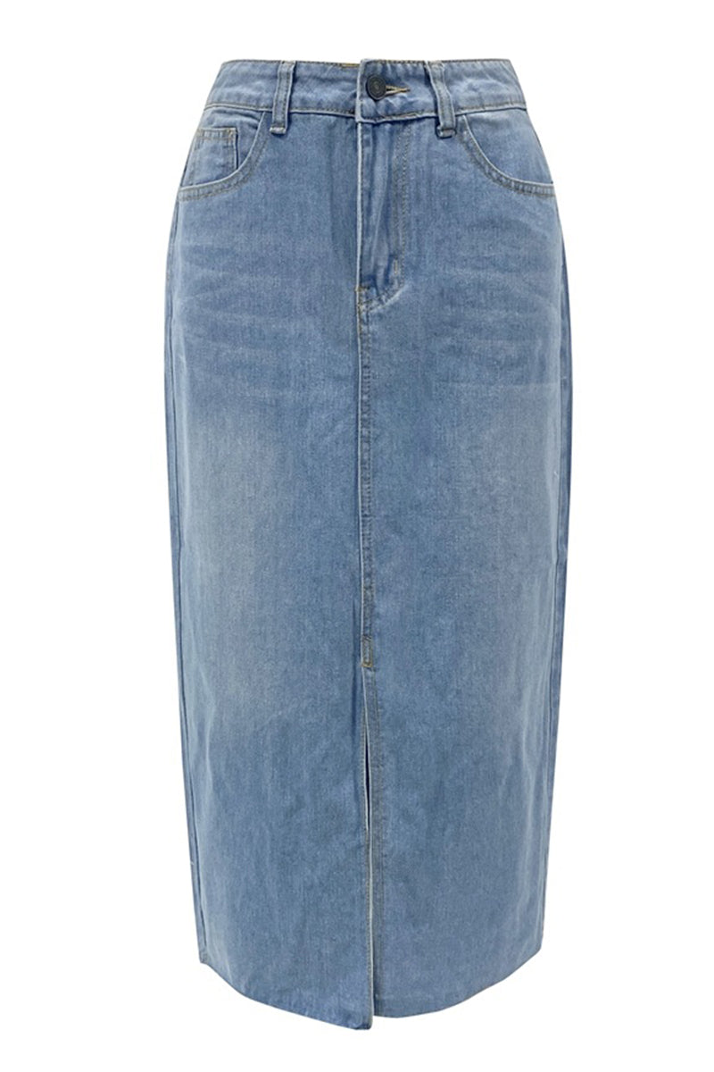 High-Rise Denim Midi Skirt